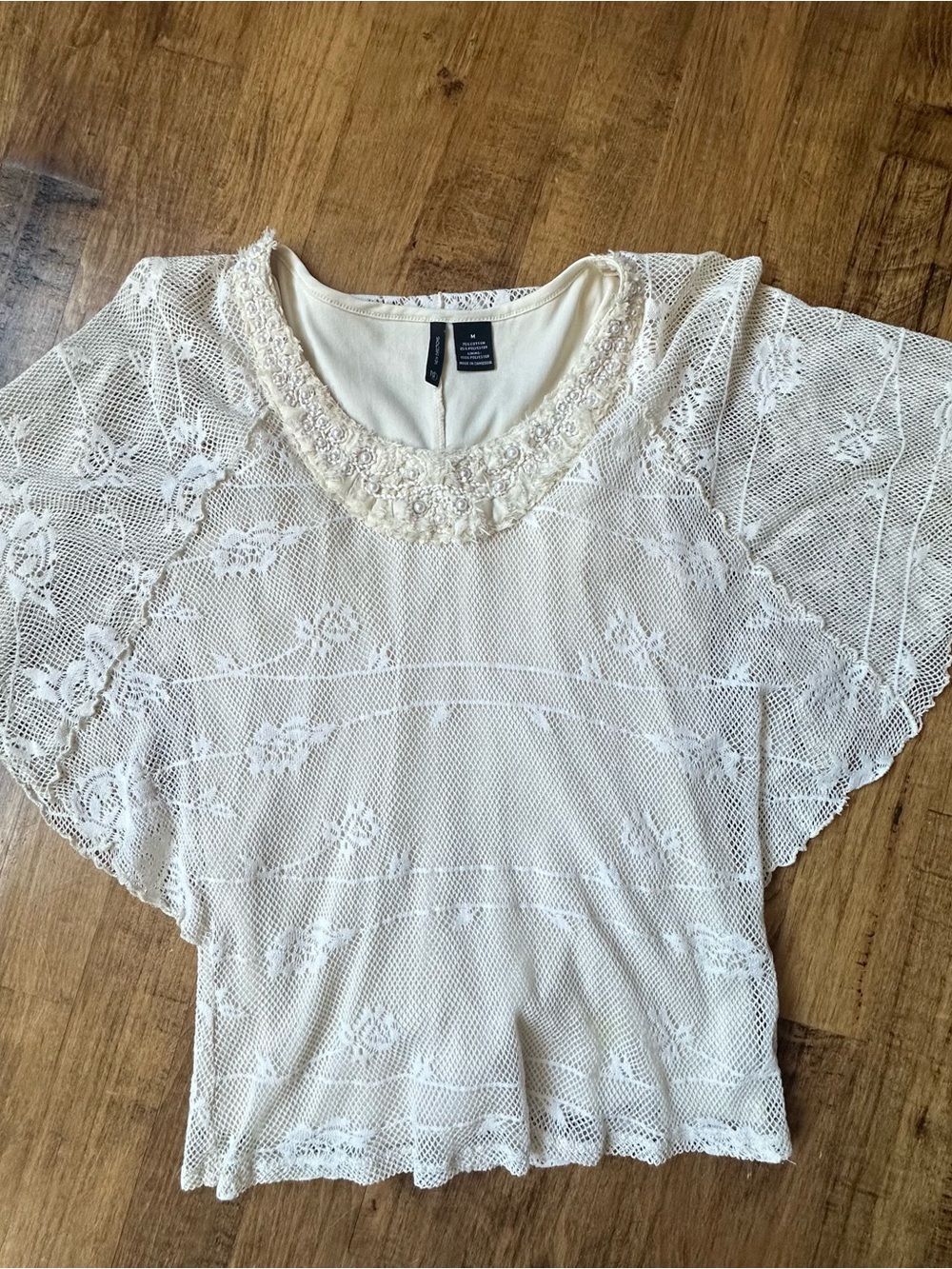 new directions Ivory Lace Overlay Blouse with Beaded Neckline